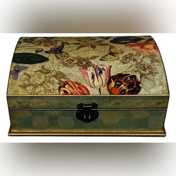 Green & Blue Wooden Floral & Butterfly Design Box w/ Domed Lid 10.5”x8.5” NEW - Picture 1 of 6